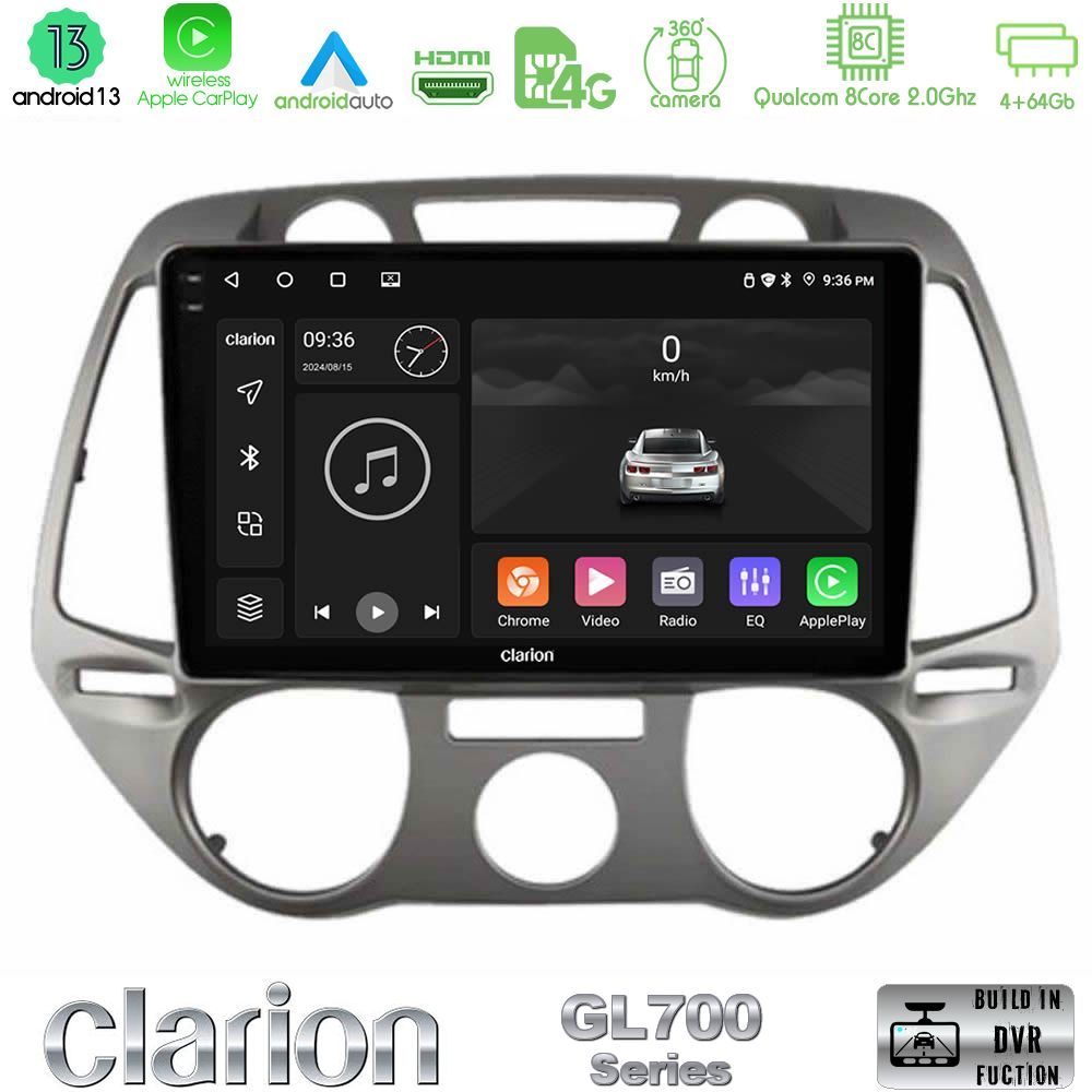 Clarion GL700 Series 8Core Android13 4+64GB Hyundai i20 2009-2012 Manual A/C Navigation Multimedia Tablet 9" Με Carplay & Android Auto