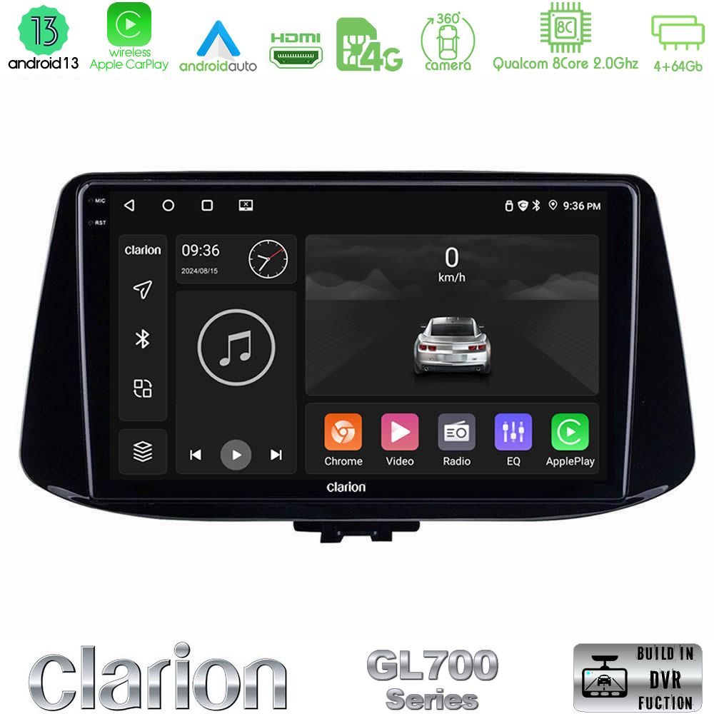 Clarion GL700 Series 8Core Android13 4+64GB Hyundai i30 Navigation Multimedia Tablet 9" Με Carplay & Android Auto