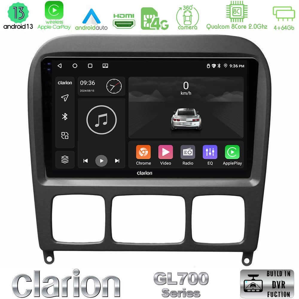 Clarion GL700 Series 8Core Android13 4+64GB Mercedes S Class 1999-2004 (W220) Navigation Multimedia Tablet 9" Με Carplay & Android Auto