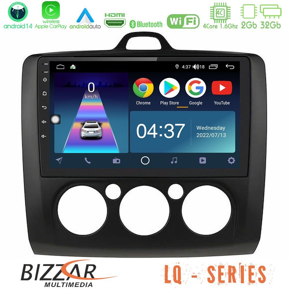 Bizzar LQ Series 4Core Android14 2+32GB Ford Focus Manual AC Navigation Multimedia Tablet 9" (Μαύρο Χρώμα) Με Carplay & Android Auto