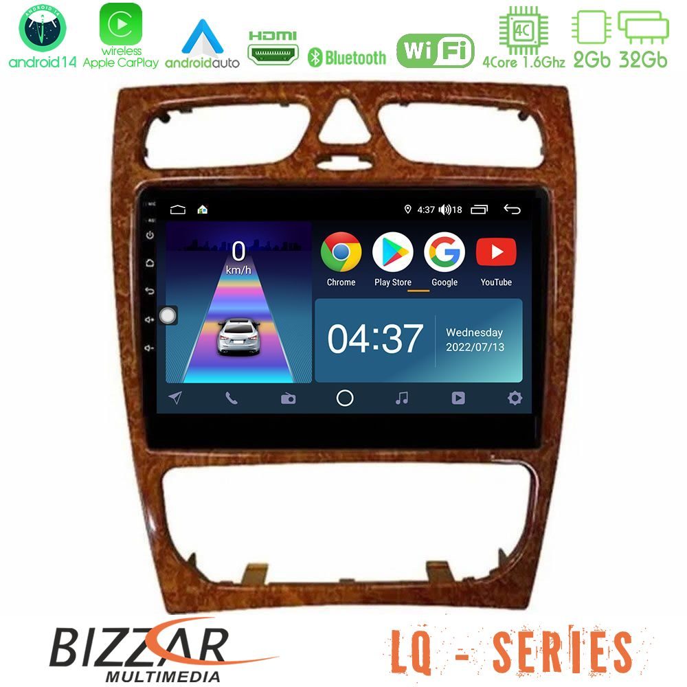 Bizzar LQ Series 4Core Android14 2+32GB Mercedes C Class (W203) Navigation Multimedia Tablet 9" (Wooden Style) Με Carplay & Android Auto