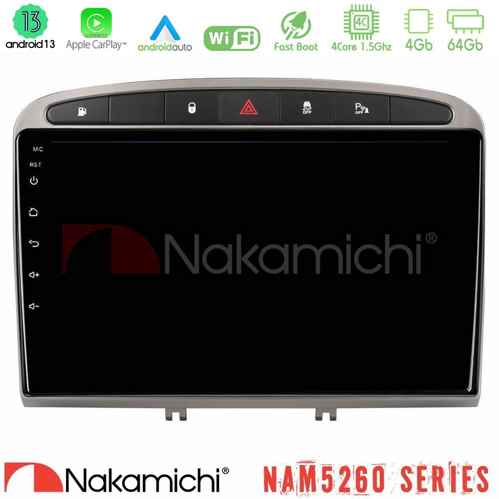 Nakamichi NAM5260 Series 4Core Android13 4+64GB Peugeot 308/RCZ Navigation Multimedia Tablet 9" (Ασημί Χρώμα) Με Carplay & Android Auto