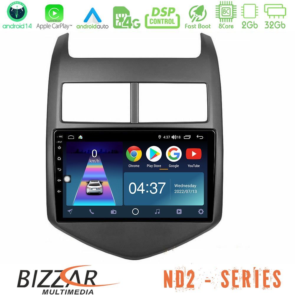 Bizzar ND2 Series 8Core Android14 2+32GB Chevrolet Aveo 2011-2017 Navigation Multimedia Tablet 9" Με Carplay & Android Auto
