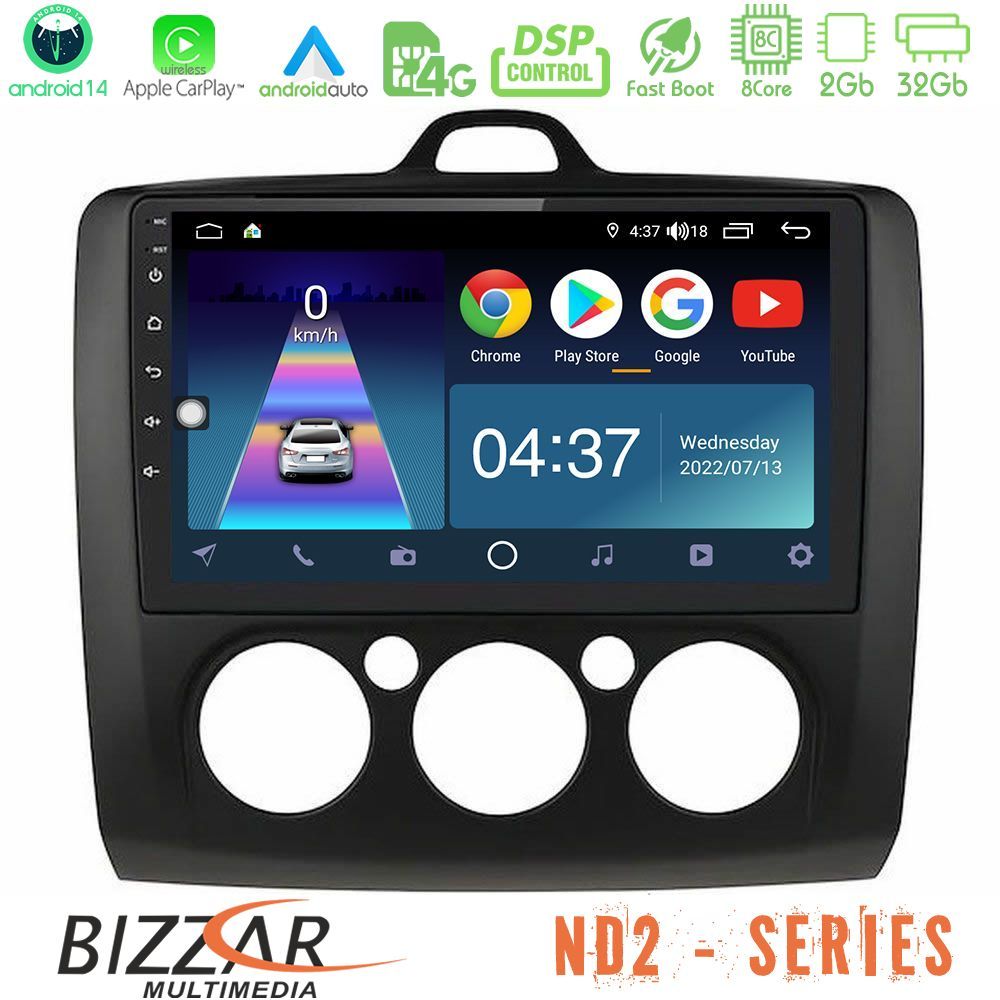 Bizzar ND2 Series 8Core Android14 2+32GB Ford Focus Manual AC Navigation Multimedia Tablet 9" (Μαύρο Χρώμα) Με Carplay & Android Auto