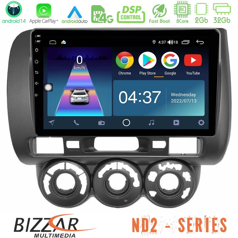 Bizzar ND2 Series 8Core Android14 2+32GB  Honda Jazz 2002-2008 (Manual A/C) Navigation Multimedia Tablet 9" Με Carplay & Android Auto