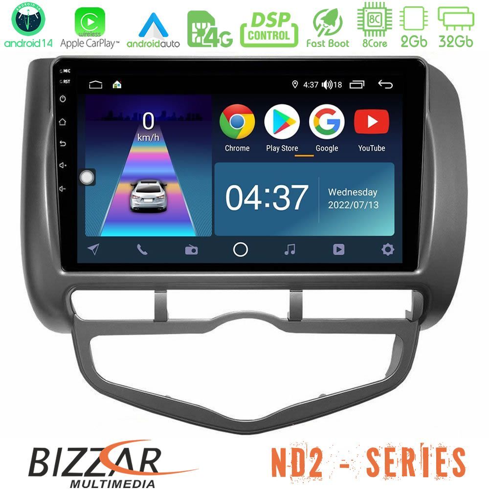 Bizzar ND2 Series 8Core Android14 2+32GB  Honda Jazz 2002-2008 (Auto A/C) Navigation Multimedia Tablet 9" Με Carplay & Android Auto