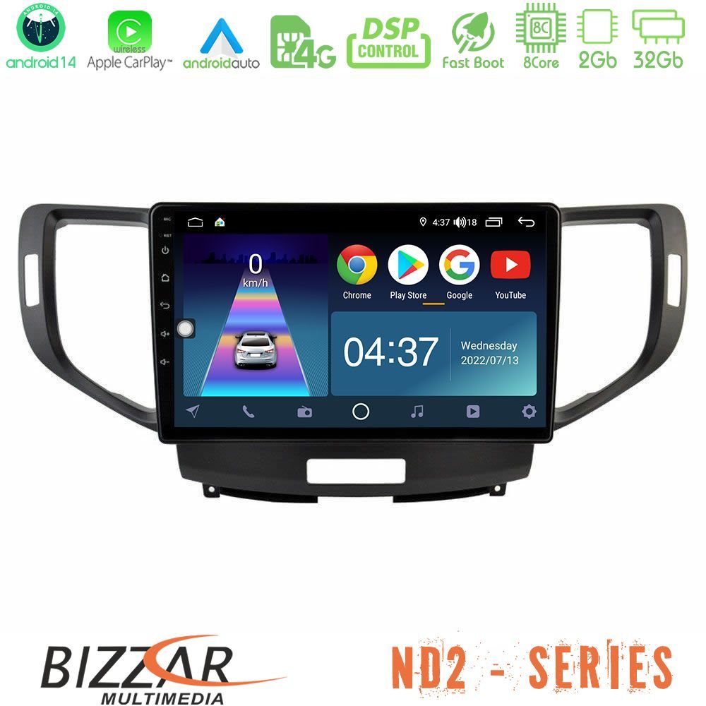 Bizzar ND2 Series 8Core Android14 2+32GB  Honda Accord 2008-2015 Navigation Multimedia Tablet 9" Με Carplay & Android Auto