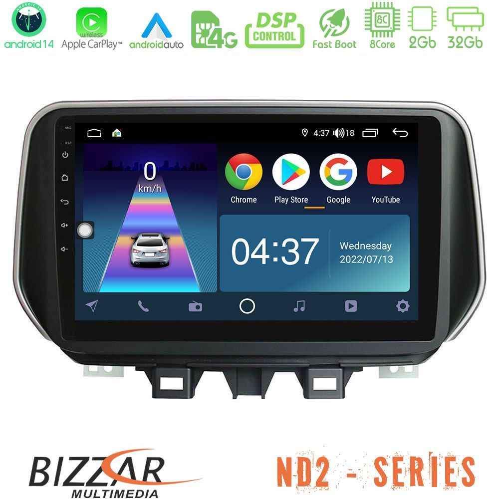Bizzar ND2 Series 8Core Android14 2+32GB Hyundai Tucson 2019-> Navigation Multimedia Tablet 9" Με Carplay & Android Auto