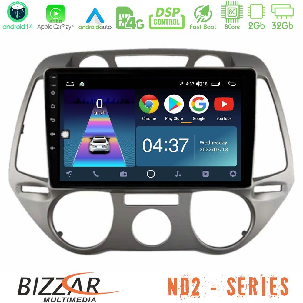 Bizzar ND2 Series 8Core Android14 2+32GB  Hyundai i20 2009-2012 Manual A/C Navigation Multimedia Tablet 9" Με Carplay & Android Auto