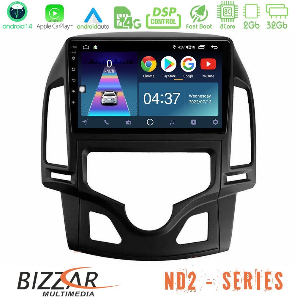 Bizzar ND2 Series 8Core Android14 2+32GB Hyundai i30 2007-2012 Auto A/C Navigation Multimedia Tablet 9" Με Carplay & Android Auto