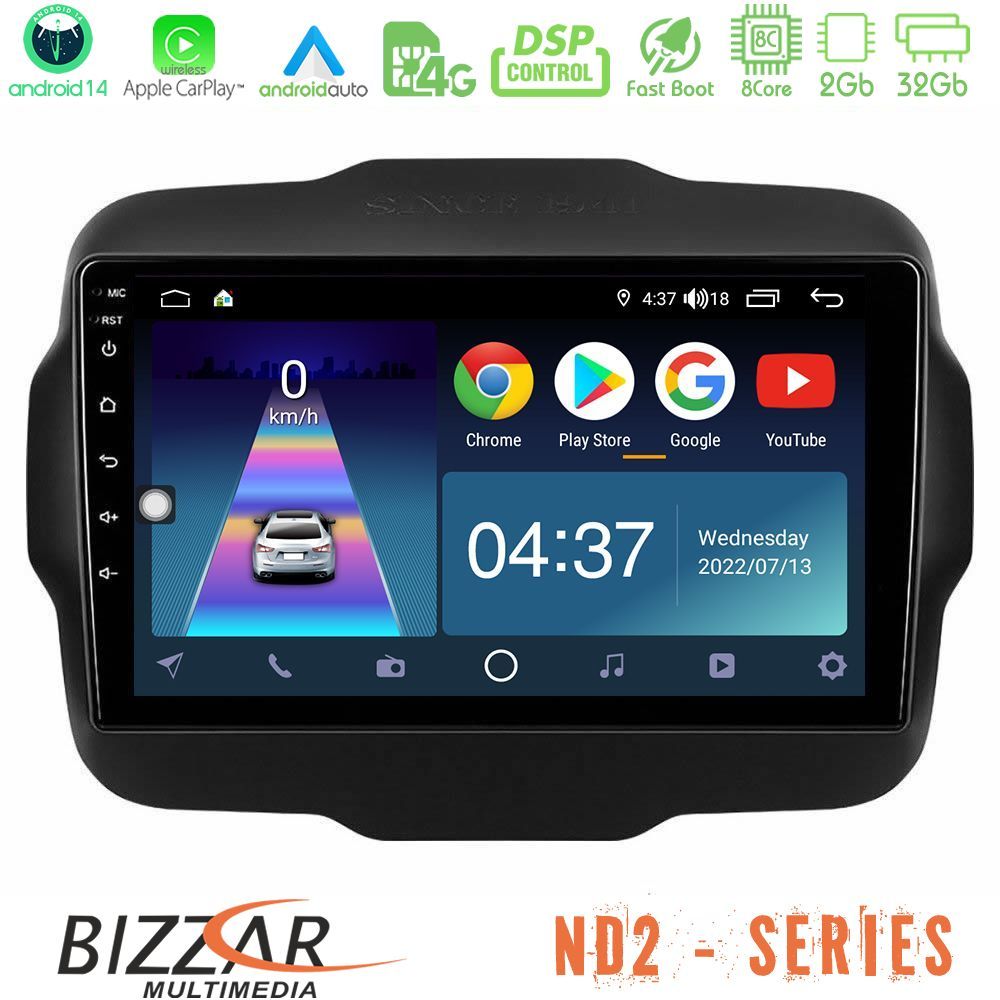 Bizzar ND2 Series 8Core Android14 2+32GB  Jeep Renegade 2015-2019 Navigation Multimedia Tablet 9" Με Carplay & Android Auto