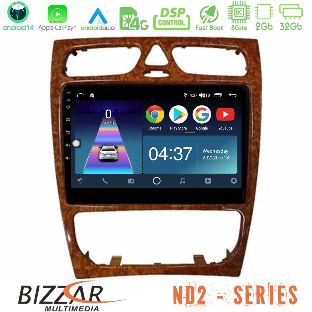 Bizzar ND2 Series 8Core Android14 2+32GB  Mercedes C Class (W203) Navigation Multimedia Tablet 9" (Wooden Style) Με Carplay & Android Auto