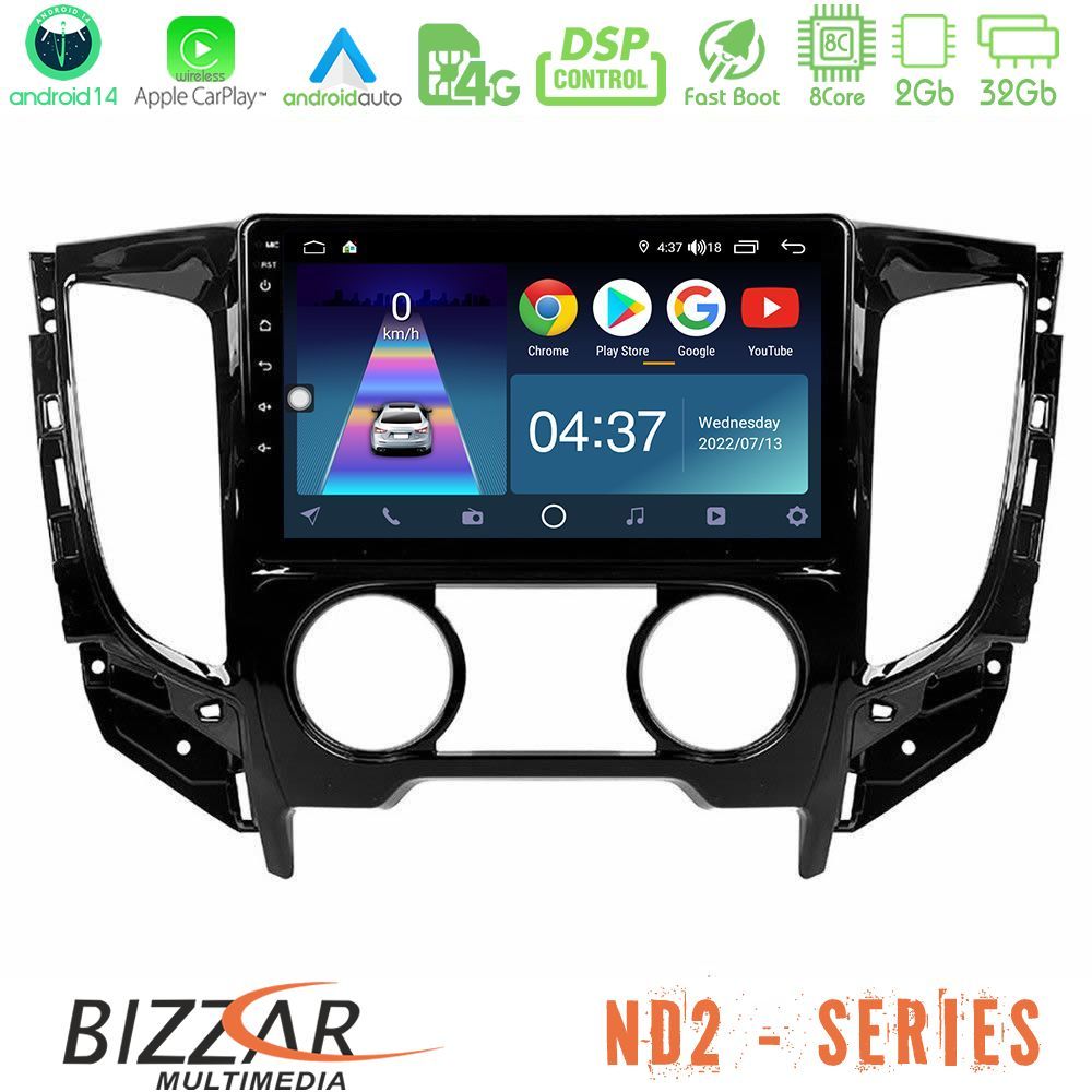 Bizzar ND2 Series 8Core Android14 2+32GB Mitsubishi L200 2016-> & Fiat Fullback (Manual A/C) Navigation Multimedia Tablet 9" Με Carplay & Android Auto