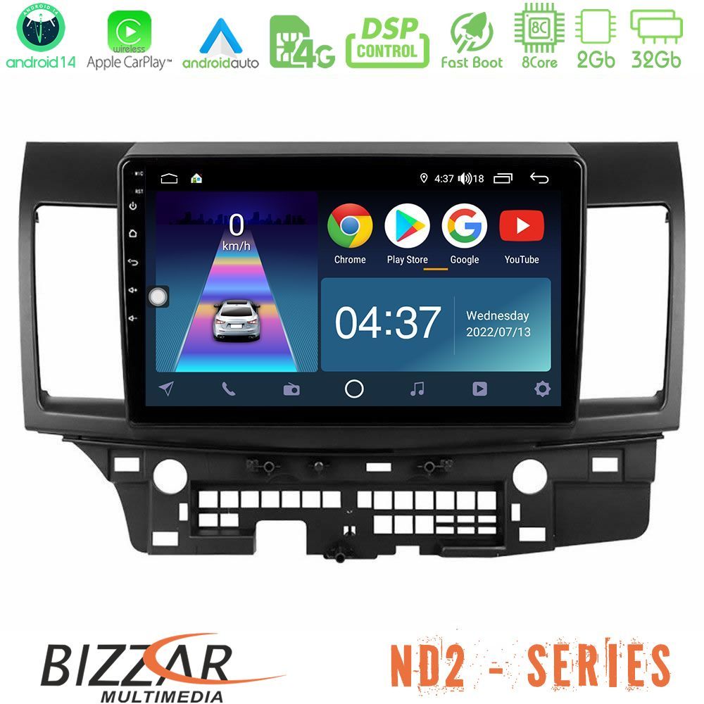 Bizzar ND2 Series 8Core Android14 2+32GB Mitsubishi Lancer 2008 – 2015 Navigation Multimedia Tablet 10" Με Carplay & Android Auto