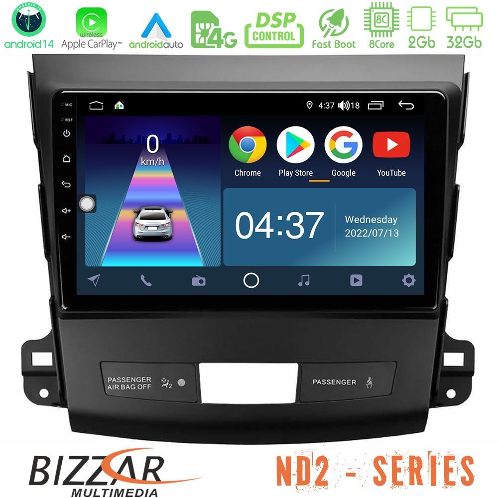 Bizzar ND2 Series 8Core Android14 2+32GB  Mitsubishi Outlander/Citroen C-Crosser/Peugeot 4007 Navigation Multimedia Tablet 9" Με Carplay & Android Auto