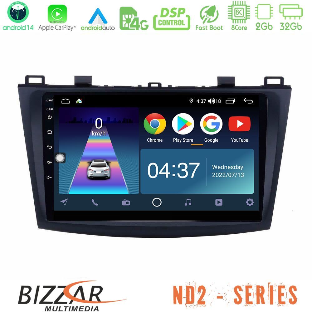 Bizzar ND2 Series 8Core Android14 2+32GB  Mazda 3 2009-2014 Navigation Multimedia Tablet 9" Με Carplay & Android Auto