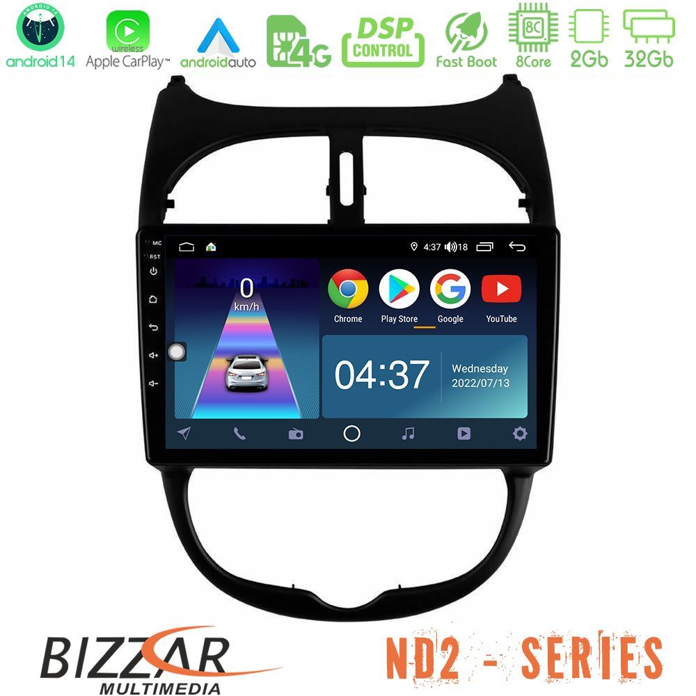 Bizzar ND2 Series 8Core Android14 2+32GB Peugeot 206 Navigation Multimedia Tablet 9" Με Carplay & Android Auto