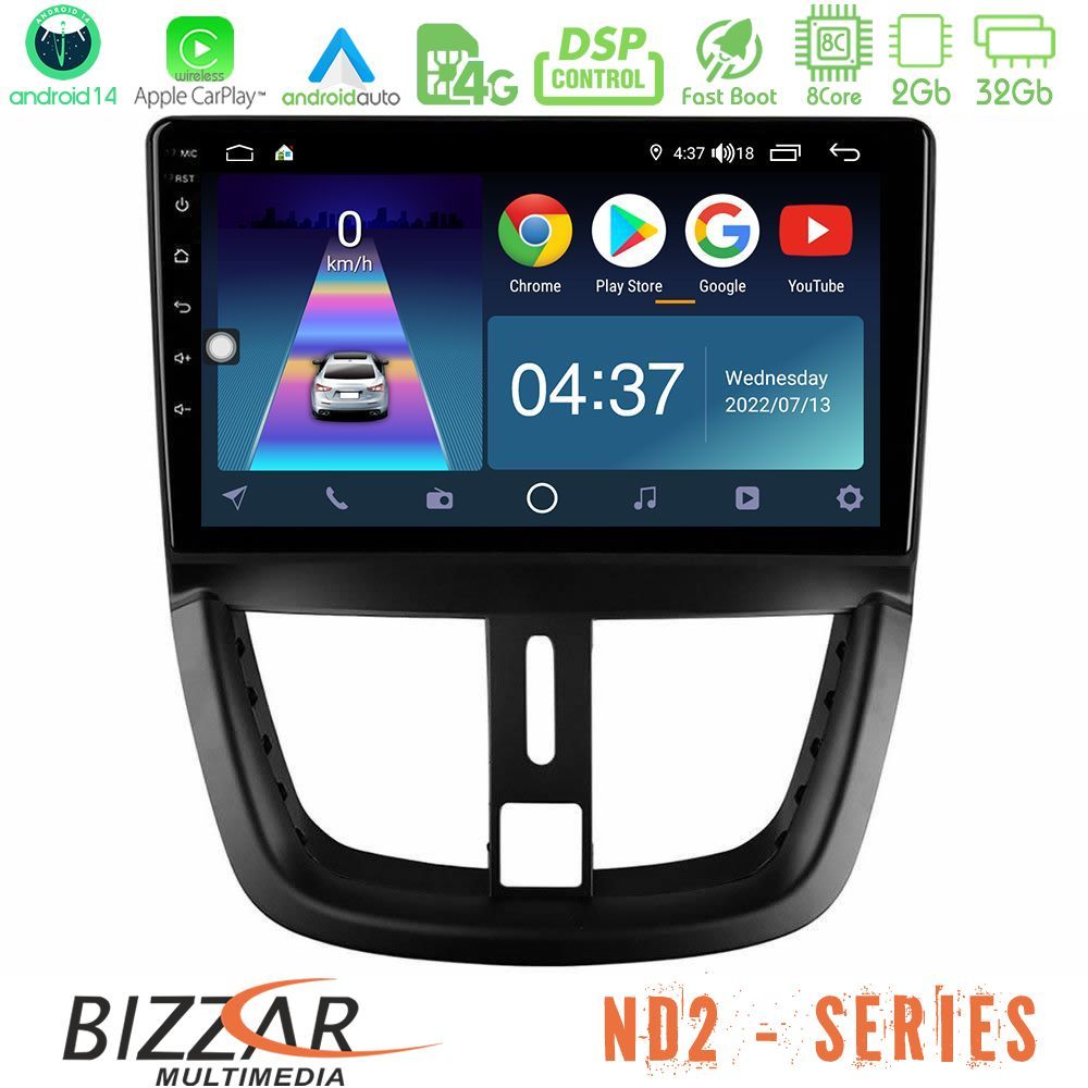 Bizzar ND2 Series 8Core Android14 2+32GB Peugeot 207 Navigation Multimedia Tablet 9" Με Carplay & Android Auto