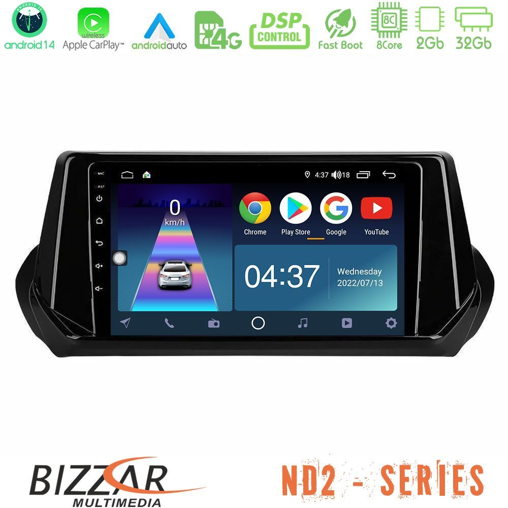 Bizzar ND2 Series 8Core Android14 2+32GB Peugeot 208 2019-2023 Navigation Multimedia Tablet 9" Με Carplay & Android Auto
