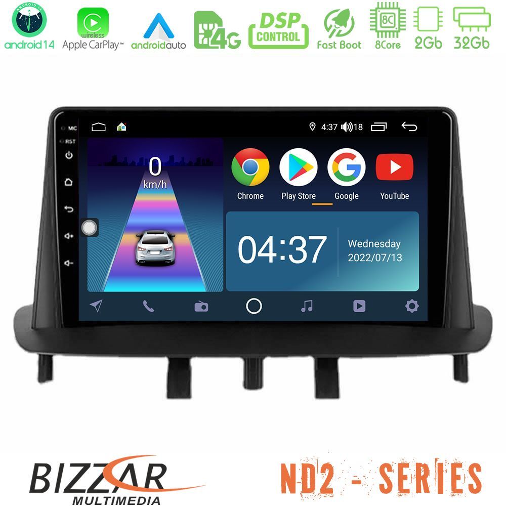 Bizzar ND2 Series 8Core Android14 2+32GB Renault Megane 3 2009-2015 Navigation Multimedia Tablet 9" Με Carplay & Android Auto