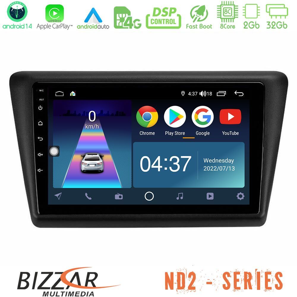 Bizzar ND2 Series 8Core Android14 2+32GB Skoda Rapid 2013-2017 Navigation Multimedia Tablet 9" Με Carplay & Android Auto