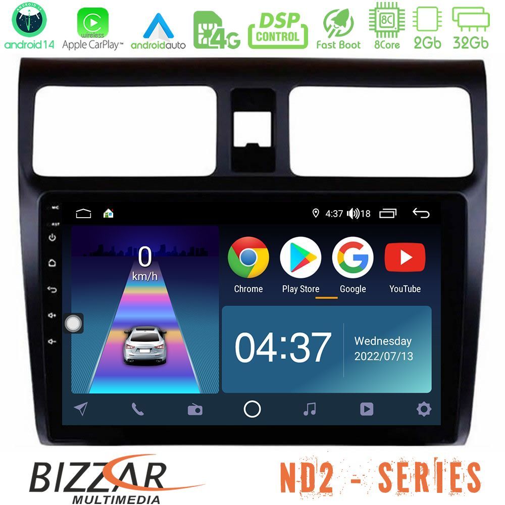 Bizzar ND2 Series 8Core Android14 2+32GB Suzuki Swift 2005-2010 Navigation Multimedia Tablet 10" Με Carplay & Android Auto