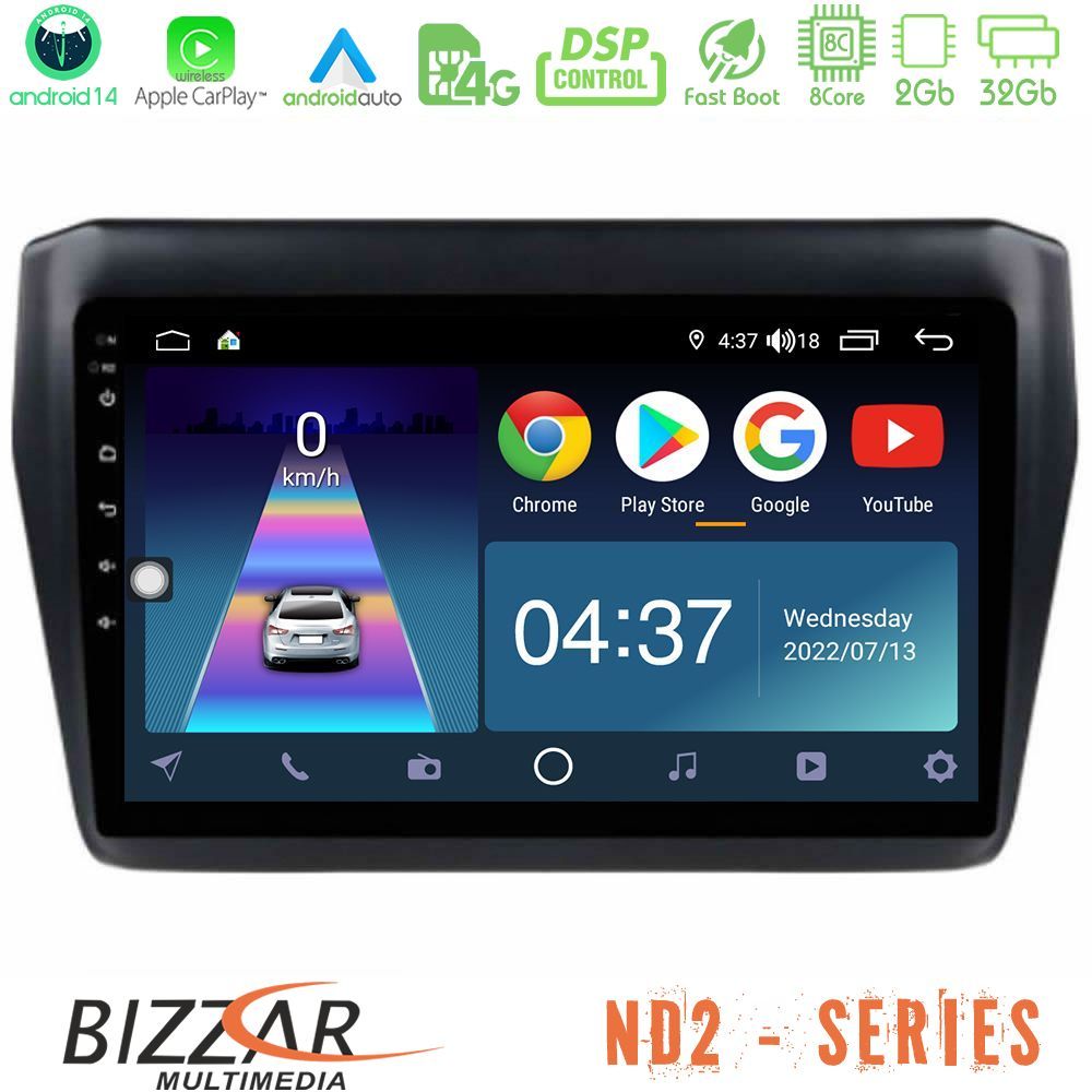 Bizzar ND2 Series 8Core Android14 2+32GB Suzuki Swift 2017-2023 Navigation Multimedia Tablet 9" Με Carplay & Android Auto