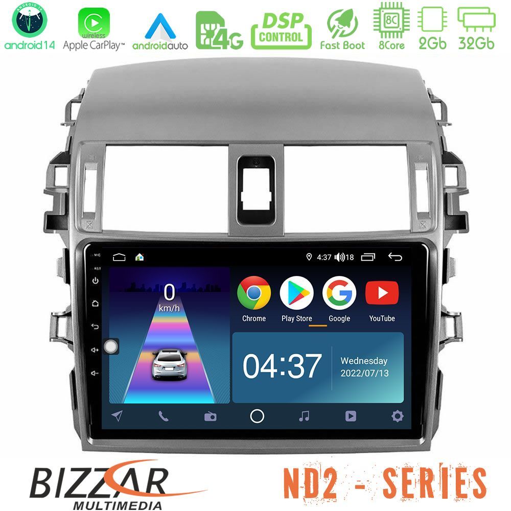 Bizzar ND2 Series 8Core Android14 2+32GB  Toyota Corolla 2008-2010 Navigation Multimedia Tablet 9" Με Carplay & Android Auto