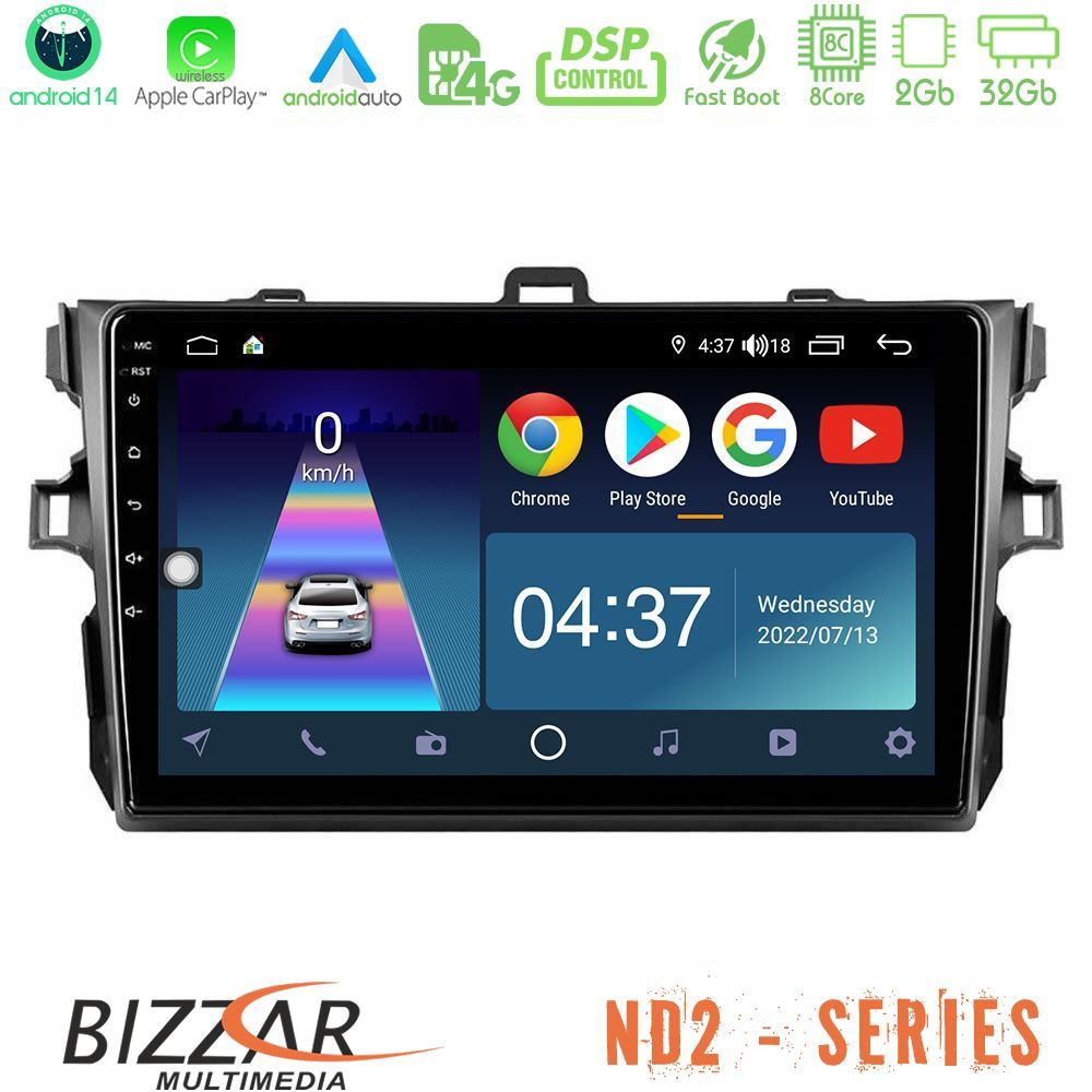 Bizzar ND2 Series 8Core Android14 2+32GB  Toyota Corolla 2007-2012 Navigation Multimedia Tablet 9" Με Carplay & Android Auto
