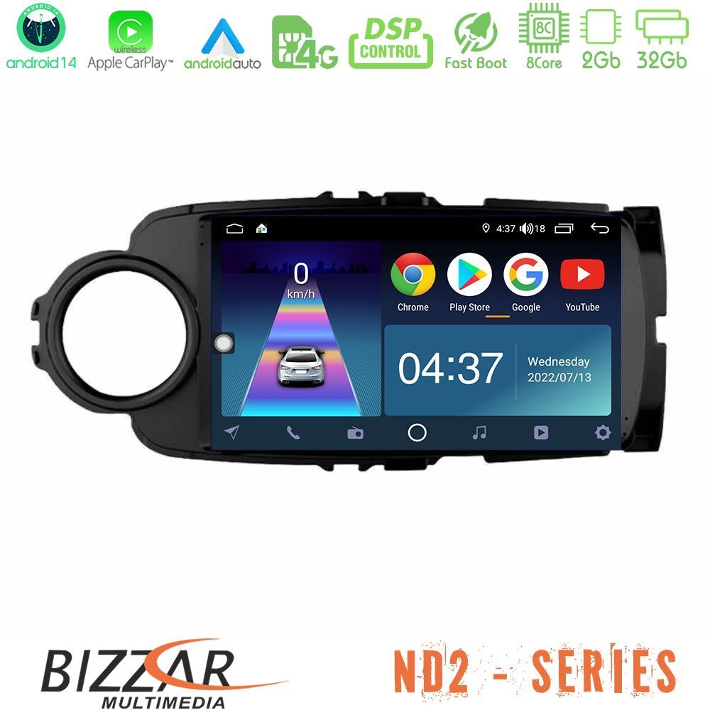 Bizzar ND2 Series 8Core Android14 2+32GB  Toyota Yaris Navigation Multimedia Tablet 9" (Μαύρο Χρώμα) Με Carplay & Android Auto