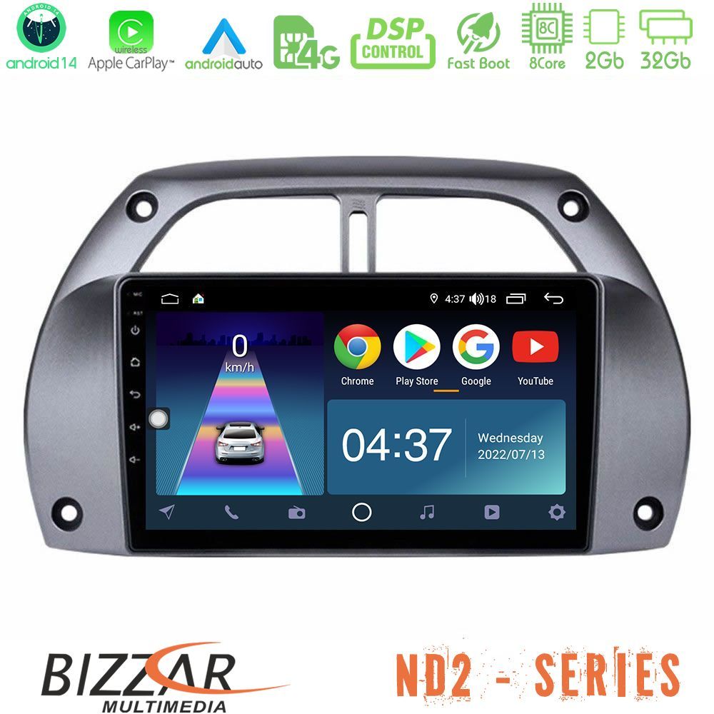 Bizzar ND2 Series 8Core Android14 2+32GB  Toyota RAV4 2001 - 2006 Navigation Multimedia Tablet 9" Με Carplay & Android Auto