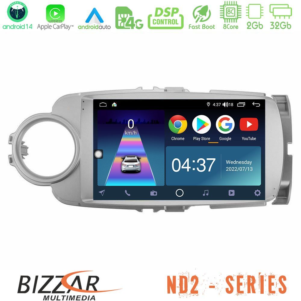 Bizzar ND2 Series 8Core Android14 2+32GB  Toyota Yaris Navigation Multimedia Tablet 9" Με Carplay & Android Auto