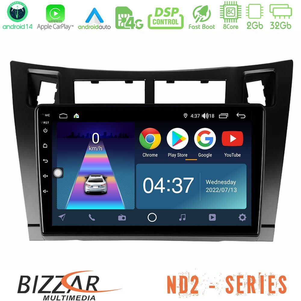Bizzar ND2 Series 8Core Android14 2+32GB  Toyota Yaris Navigation Multimedia Tablet 9" (Μαύρο Χρώμα) Με Carplay & Android Auto