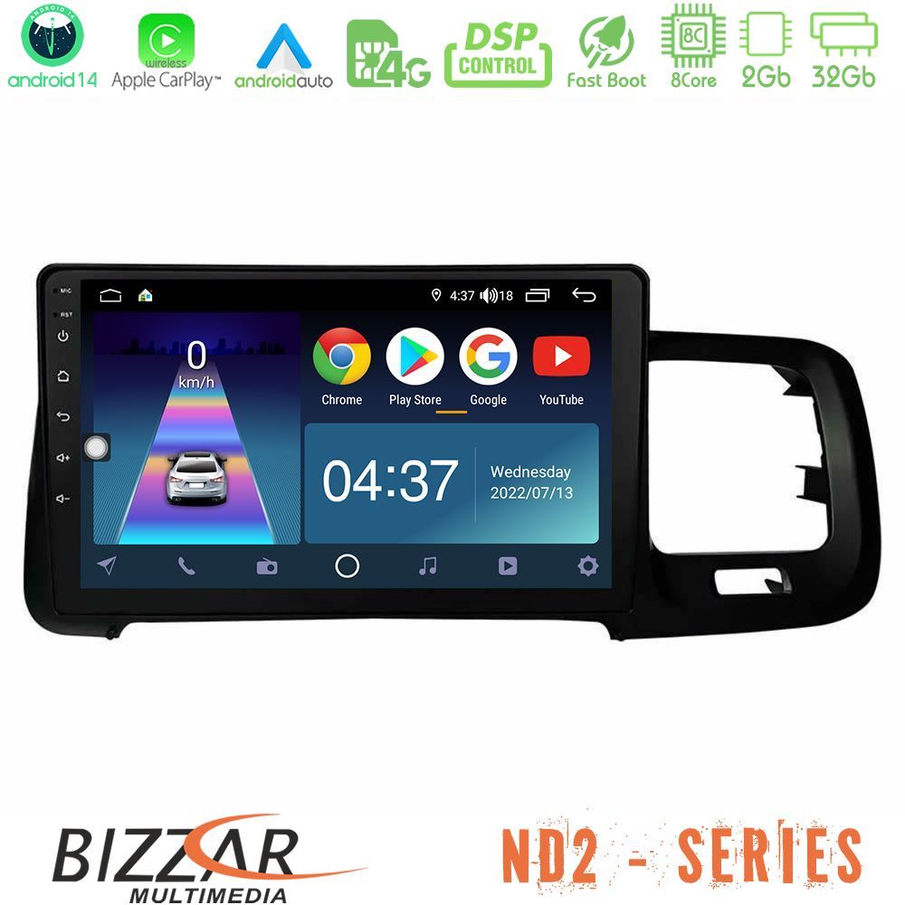 Bizzar ND2 Series 8Core Android14 2+32GB Volvo S60 2010-2018 Navigation Multimedia Tablet 9" Με Carplay & Android Auto