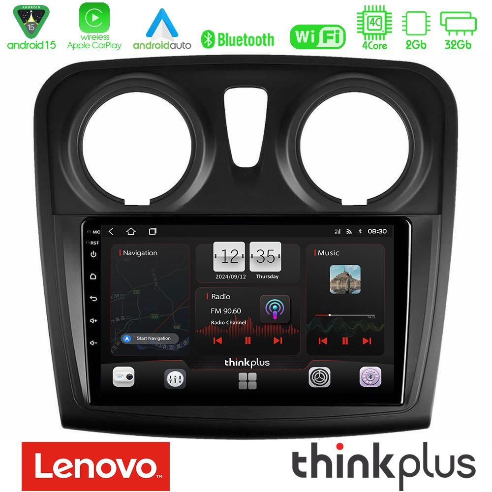 Lenovo Thinkplus Series 4Core Android15 2+32GB Dacia Sandero 2014-2020 Navigation Multimedia Tablet 9" Με Carplay & Android Auto