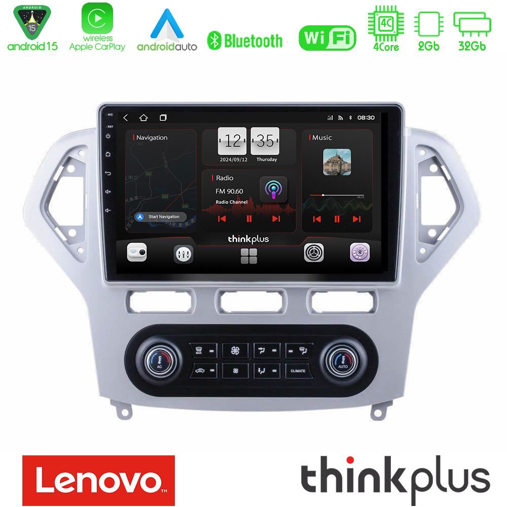 Lenovo Thinkplus Series 4Core Android15 2+32GB Ford Mondeo 2007-2011 (Auto A/C) Navigation Multimedia Tablet 9" Με Carplay & Android Auto