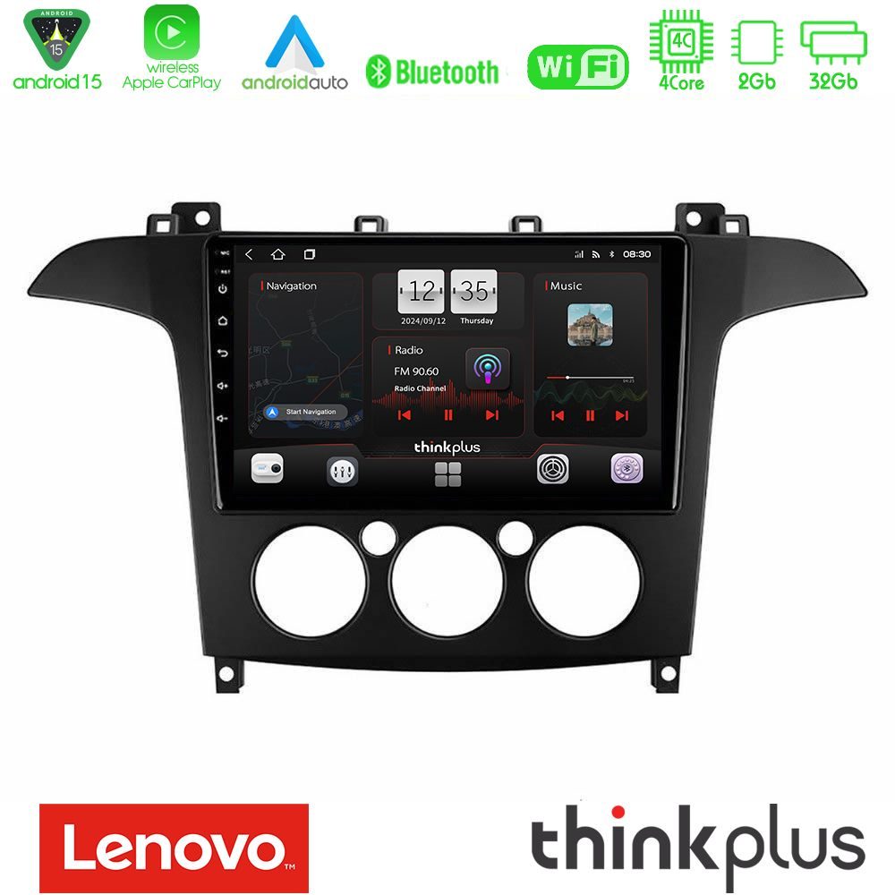 Lenovo Thinkplus Series 4Core Android15 2+32GB Ford S-Max 2006-2008 (manual A/C) Navigation Multimedia Tablet 9" Με Carplay & Android Auto
