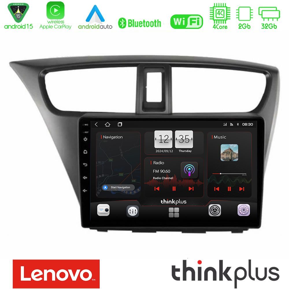 Lenovo Thinkplus Series 4Core Android15 2+32GB Honda Civic Hatchback 2012-2015 Navigation Multimedia Tablet 9" Με Carplay & Android Auto