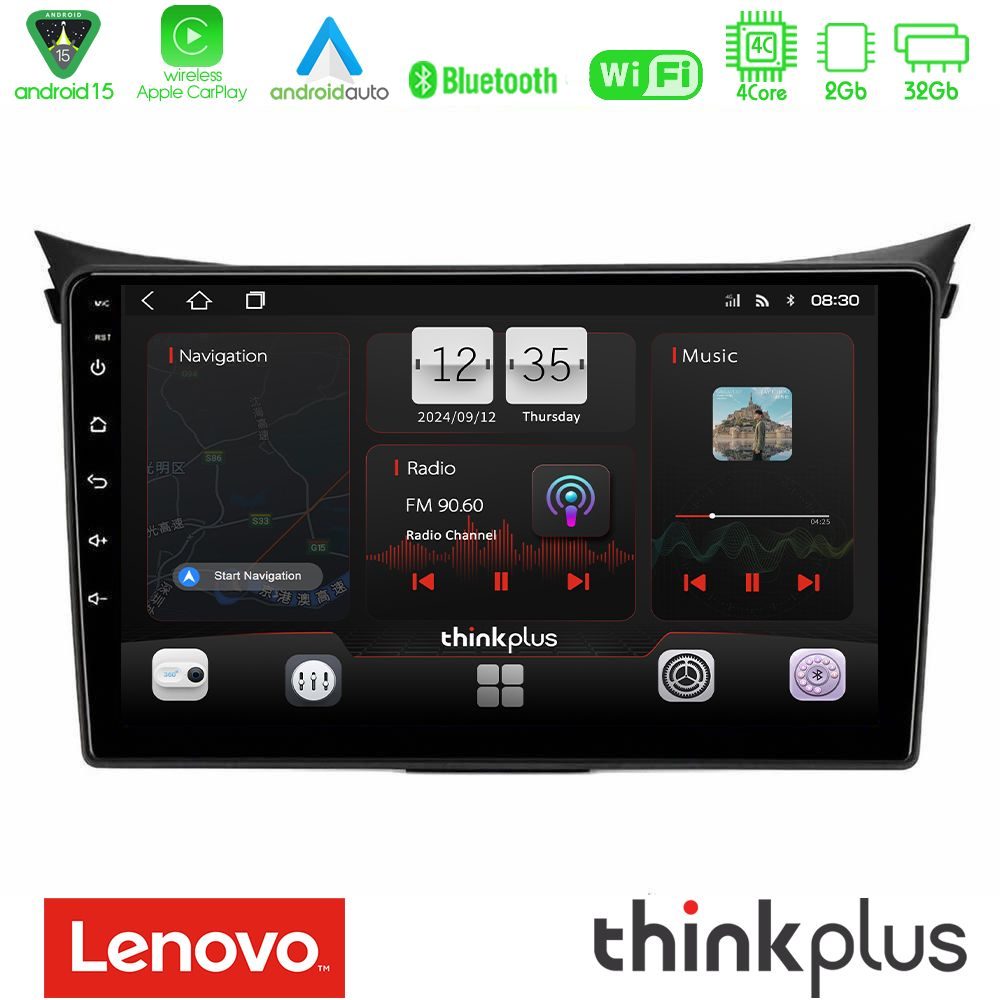 Lenovo Thinkplus Series 4Core Android15 2+32GB  Hyundai i30 2012-2017 Navigation Multimedia Tablet 9" Με Carplay & Android Auto