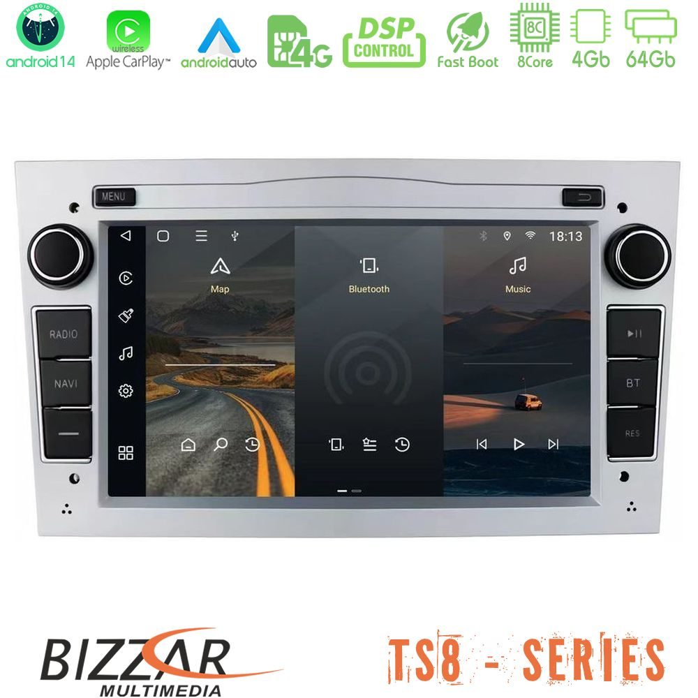 Bizzar Opel Astra/Corsa/Antara/Zafira 8core Android14 4+64GB Navigation Multimedia Deckless 7" με Carplay/AndroidAuto (OEM Style | Silver Color)