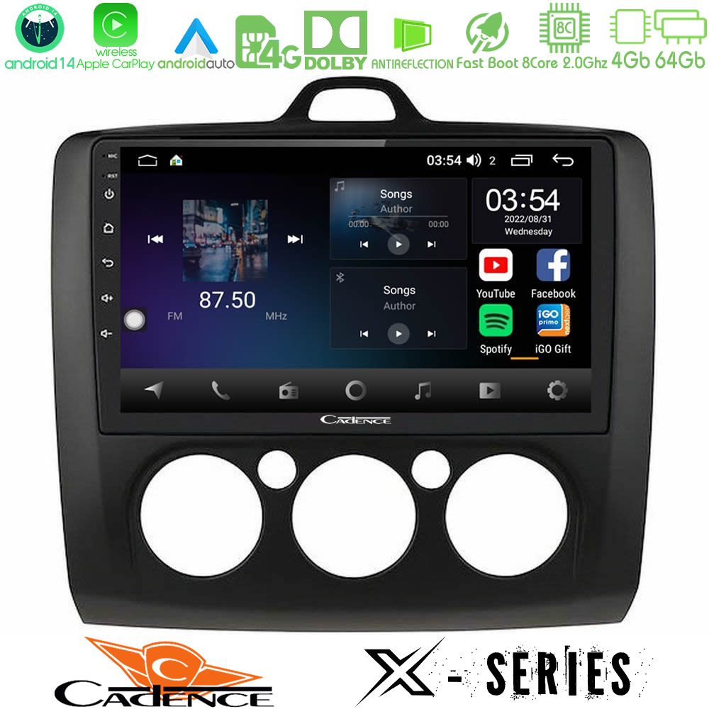 Cadence X Series Ford Focus Manual AC 8core Android 14 4+64GB Navigation Multimedia 9" (Μαύρο Χρώμα)