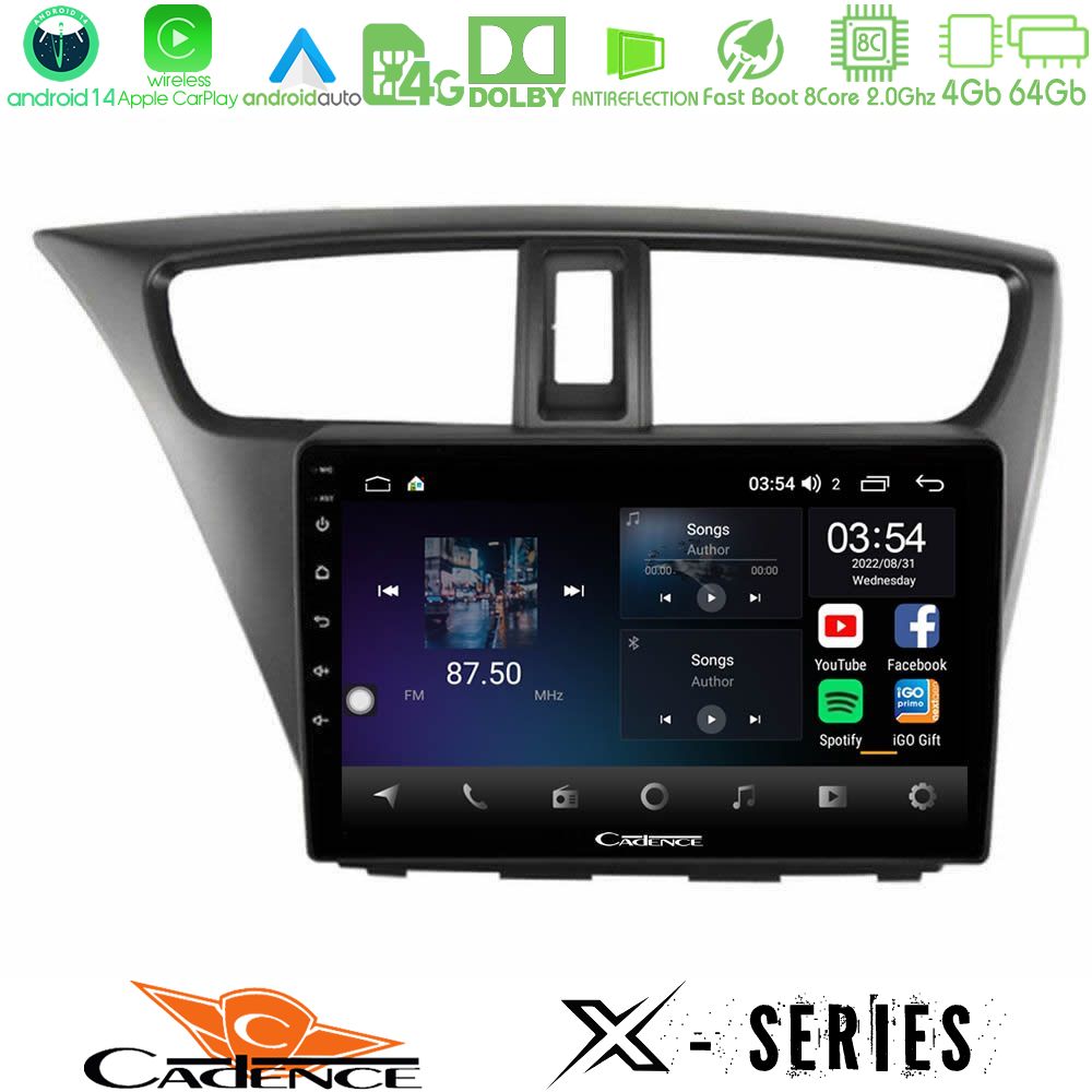 Cadence X Series Honda Civic Hatchback 2012-2015 8core Android 14 4+64GB Navigation Multimedia Tablet 9"