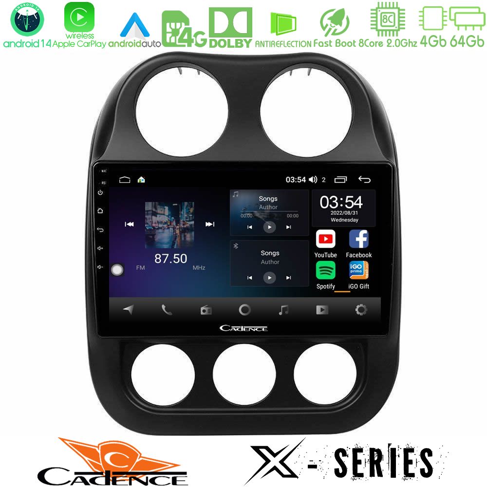 Cadence X Series Jeep Compass 2010-2016 8core Android 14 4+64GB Navigation Multimedia Tablet 10"