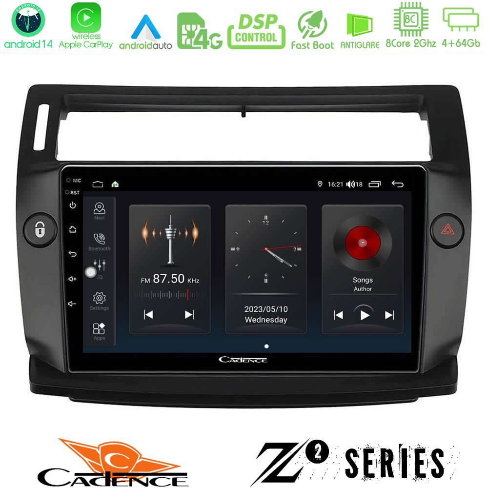 Cadence Z2 Series 8Core Android14 4+64GB Citroen C4 2004-2010 Navigation Multimedia Tablet 9" (μαύρο χρώμα) Με Carplay & Android Auto