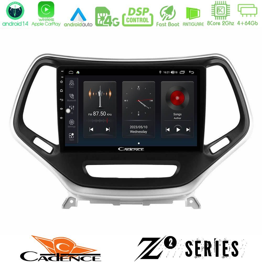 Cadence Z2 Series 8Core Android14 4+64GB Jeep Cherokee 2014-2019 Navigation Multimedia Tablet 9" (Ασημί Χρώμα) Με Carplay & Android Auto