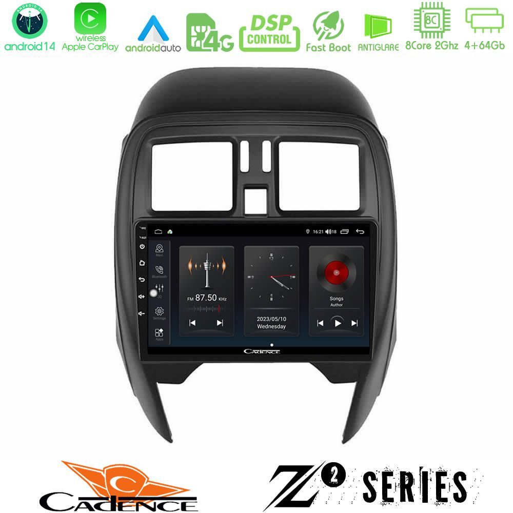 Cadence Z2 Series 8Core Android14 4+64GB Nissan Micra 2013-2016 Navigation Multimedia Tablet 9" Με Carplay & Android Auto