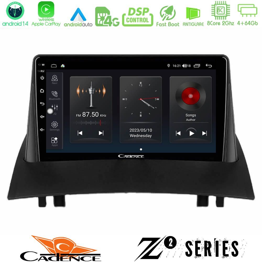 Cadence Z2 Series 8Core Android14 4+64GB Renault Megane 2 2002-2008 Navigation Multimedia Tablet 9" Με Carplay & Android Auto