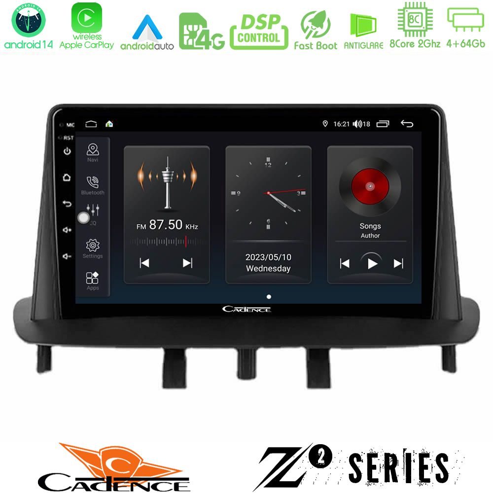 Cadence Z2 Series 8Core Android14 4+64GB Renault Megane 3 2009-2013 Navigation Multimedia Tablet 9" Με Carplay & Android Auto