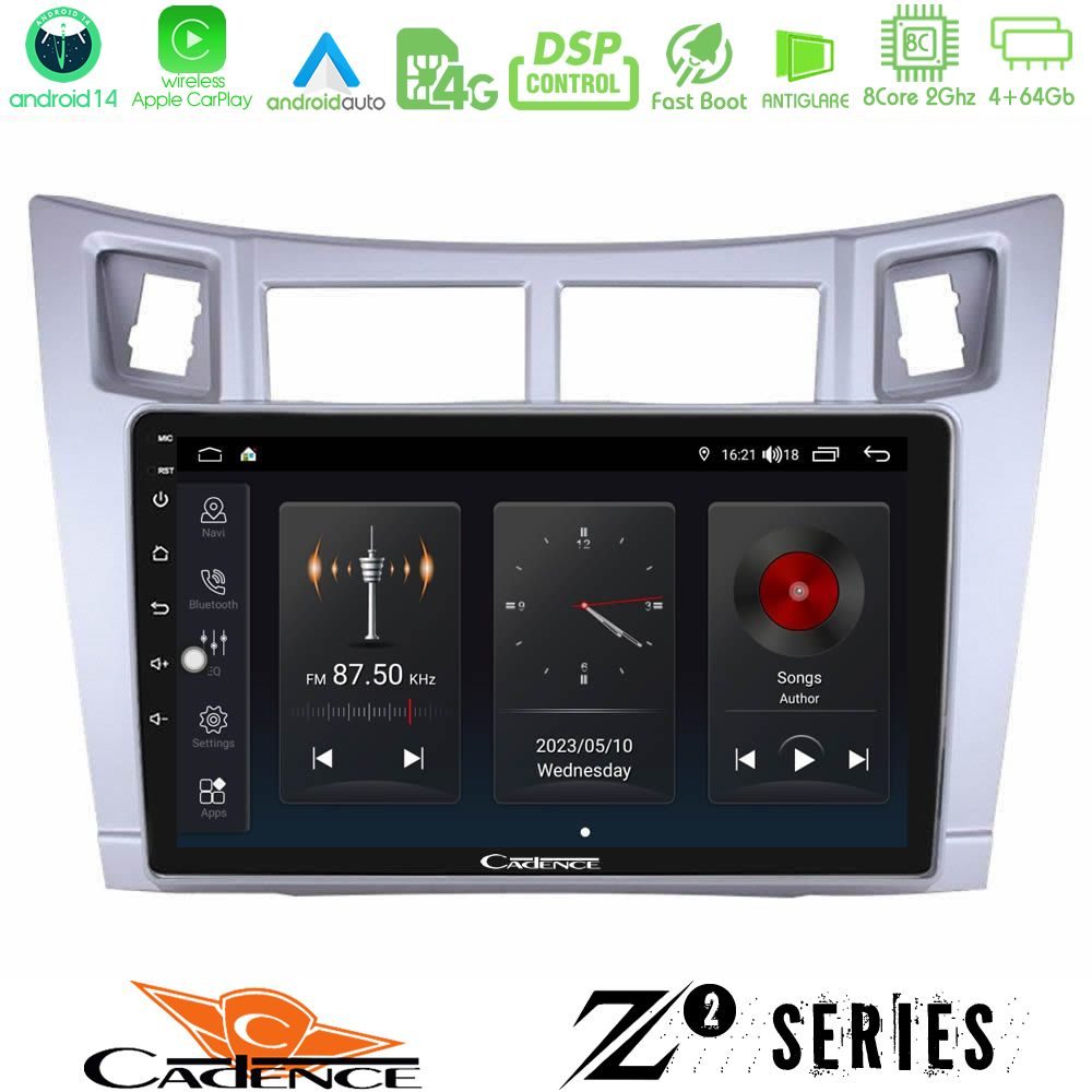 Cadence Z2 Series 8Core Android14 4+64GB  Toyota Yaris Navigation Multimedia Tablet 9" (Ασημί Χρώμα) Με Carplay & Android Auto