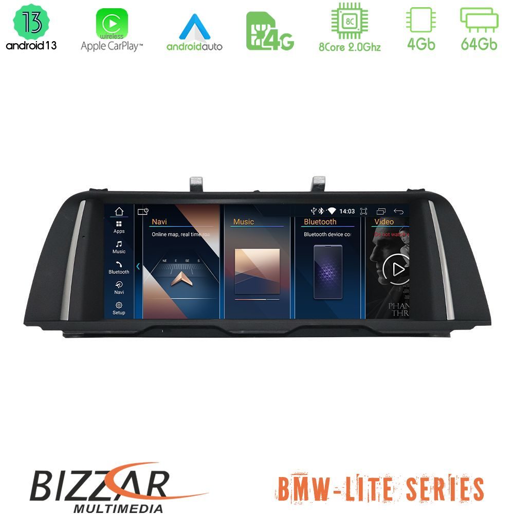 Bizzar Lite Series BMW 5 Series F10/F11 NBT Android13 8Core (4+64GB) Navigation Multimedia 10.25" HD Black Panel (OEM Style)